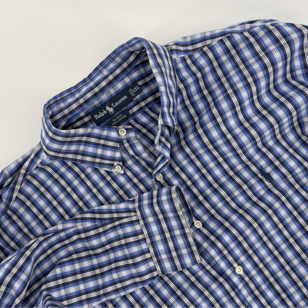 Ralph Lauren Blake Men's XXL Button Dress Shirt Bue White Plaid - Blue Pony